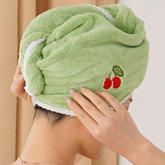 GREEN CHERRY EMBROIDERY HAIR TOWEL 1 PIECE - Picture 2 of 5